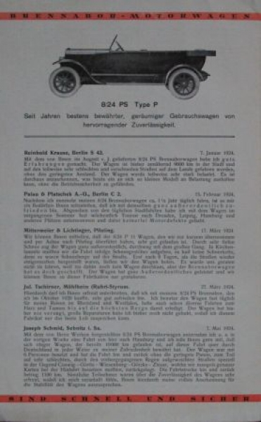 Brennabor Motorwagen Modellprogramm 1924 "Das richtige Urteil" Automobilprospekt (8059)